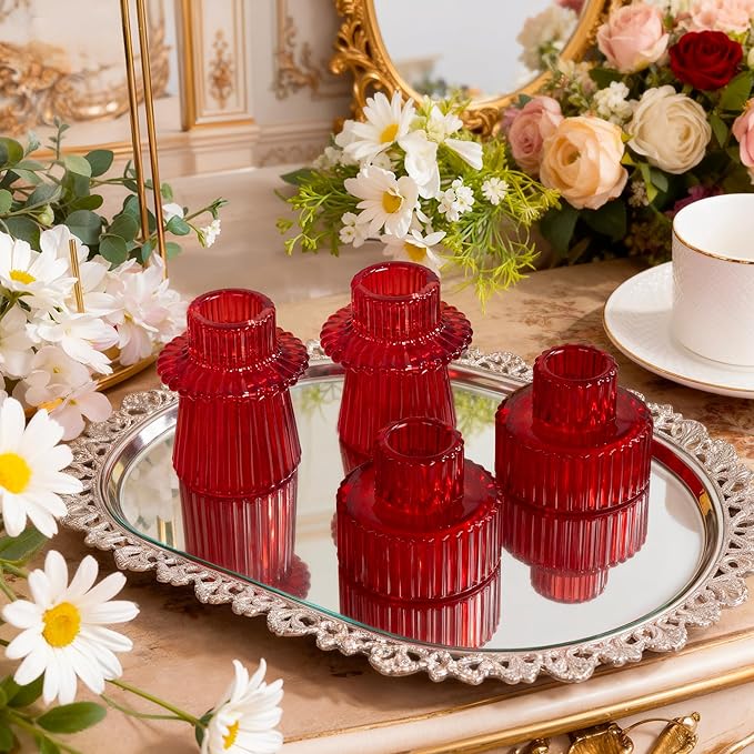 WELLIFE 3 Pcs Red Taper Candle Holder, Glass Candlestick Holder, Red Tapered Candlestick Holders for Party, Wedding Decorations, Table Centerpieces and Christmas
