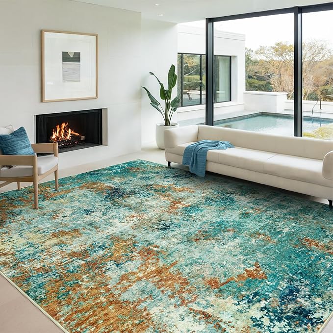 Washable Area Rugs for Living Room 8x10 - Large Neutral Modern Abstract Rug, Soft Low Pile Carpet with Non Slip Backing for Under Dining Room Table, Bedroom, Home, Office, Dorm - Teal Brick