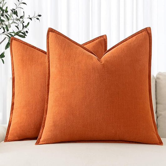MIULEE Decorative Linen Pillow Covers 18x18 Inch Orange Boho Farmhouse Neutral Couch Throw Pillows for Bed Pack of 2 Accent Modern Pillowcase Summer Sofa Livingroom Home Decor