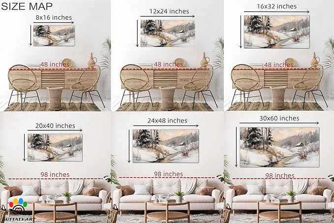 GUTTATY Christmas Winter Scene Canvas Wall Art, Snowy Landscape Wall Painting, Tranquil River Cabin Canvas Prints, Winter Poster Wall Decor for Living Room, Bedroom, Holiday Home, 40x20 Inch