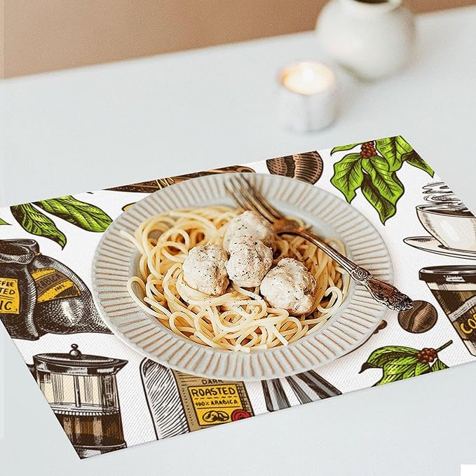 Coffee Time Placemat Set of 6, 12x18 Inch Rustic Coffee Cup Theme Beans Retro Vintage Farmhouse Washable Heat Resistant Table Mats for Outdoor Farmhouse Kitchen Dining Decor
