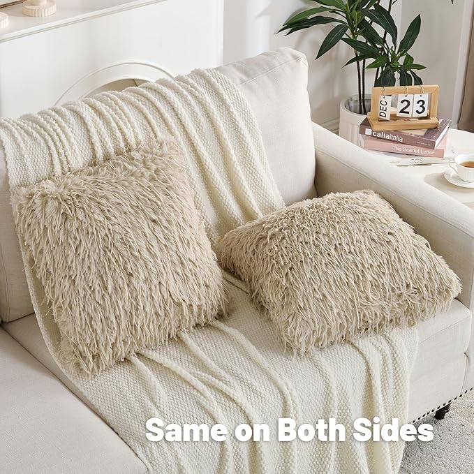 FUTEI Apricot Decorative Throw Pillow Covers 22x22 Inch Set of 2,Soft Fluffy Faux Feather Texture Cushion Cases,Modern Home Luxury Decor for Couch Bed Living Room