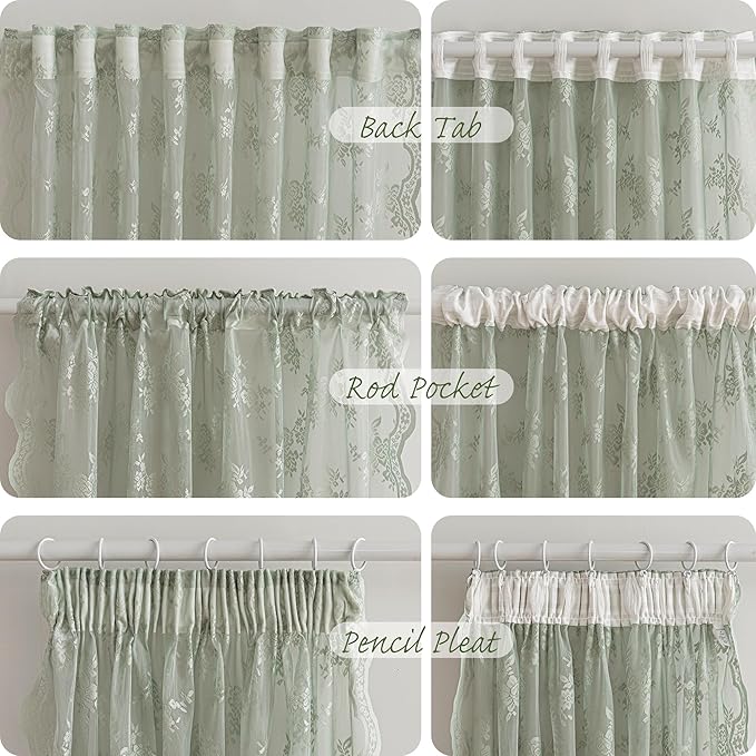 MEETSKY Lace Sheer Curtains 63 Inch Length Sage Green Vintage Victorian French Elegant Farmhouse Decor for Living Room Bedroom Back Tab Rod Pocket Light Filtering Drapes, 50" W Each Panel, 2 Panels