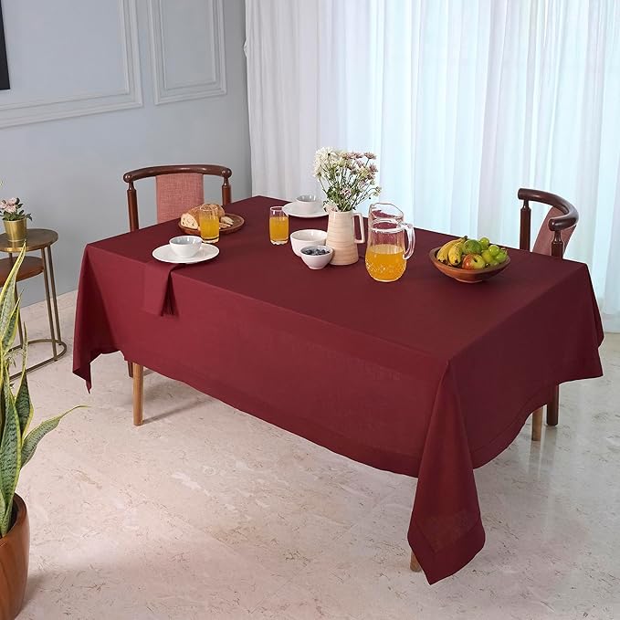 D'Moksha Homes Linen Tablecloth for Rectangle Tables 60 x 156 Inch - 100% Pure Linen Dark Red Tablecloth - Machine Washable Table Cloth for Fall, Thanksgiving, Christmas, Holiday