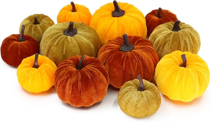 12 Faux Flocked Pumpkins, Perfect for Fall Harvest, Halloween, or Thanksgiving Table Centerpieces(12, Orange, Yellow, and Crimson)