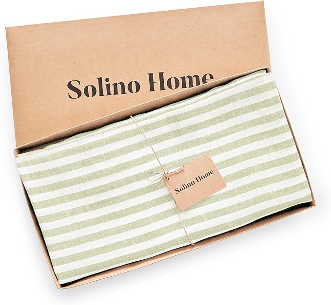 Solino Home Linen Round Tablecloth 70 Inch - Amalfi Stripe, 100% Pure Linen Sage and White Round Tablecloth - Machine Washable Table Cloth for Fall, Autumn, Thanksgiving, Christmas, Winter