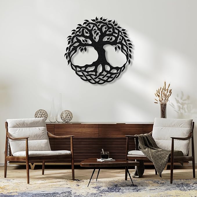 Tree of Life Metal Wall Art Decor - 24" Family Tree Wall Mounted Sculpture, Metal Home Decoration for Living Room, Bedroom, Office, Rustic Wall Decor for Indoor and Outdoor Spaces, Laser Cut Garden Decor (Black)