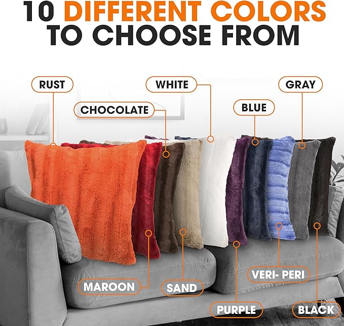 Cheer Collection Fall Decorative Throw Pillows for Couch – Set of 2 Faux Fur Fall Pillows for Couch, Cozy Fall Couch Pillows for Living Room or Bed, Soft, Rust Accent Pillows, 20" x 20"