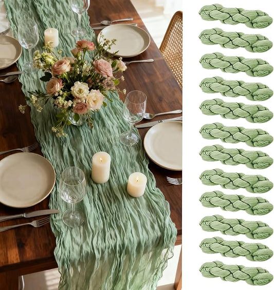 12 Pack Sage Green Cheesecloth Table Runner 35 x 120 Inch Gauze Fabric Boho Table Runners for Wedding Arch, Rustic Bridal Shower, Baby Shower, Party Decorations, Farmhouse Home Decor