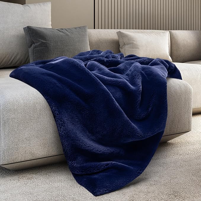 Mon Chateau 60" x 70" Hearthside Faux Fur Throw Blanket, Reversible Soft Blanket for Queen-Size Bed, Couch, or Sofa, Cozy Home Decor and Stylish Living Room Comfort, Winter Cream (Midnight Tide)