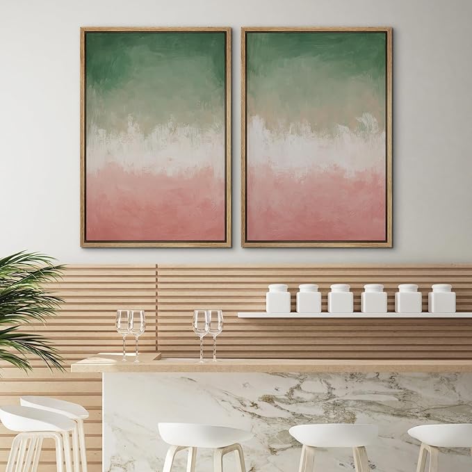 SIGNWIN Framed Canvas Print Wall Art Set Green and Pink Ombre Abstract Contemporary Gradient Modern Art Minimal Boho Relax/Calm for Living Room, Bedroom, Office - 24"x36"x2 Natural