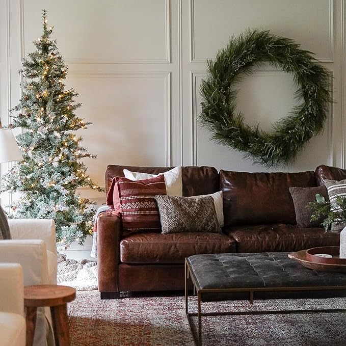 Fraser Hill Farm 6.5-Feet Pre-Lit Buffalo Fir Green Slim Artificial Christmas Tree with White Incandescent Smart Lights, Realistic Foliage, Lightly Flocked with Pinecones, Stand Included