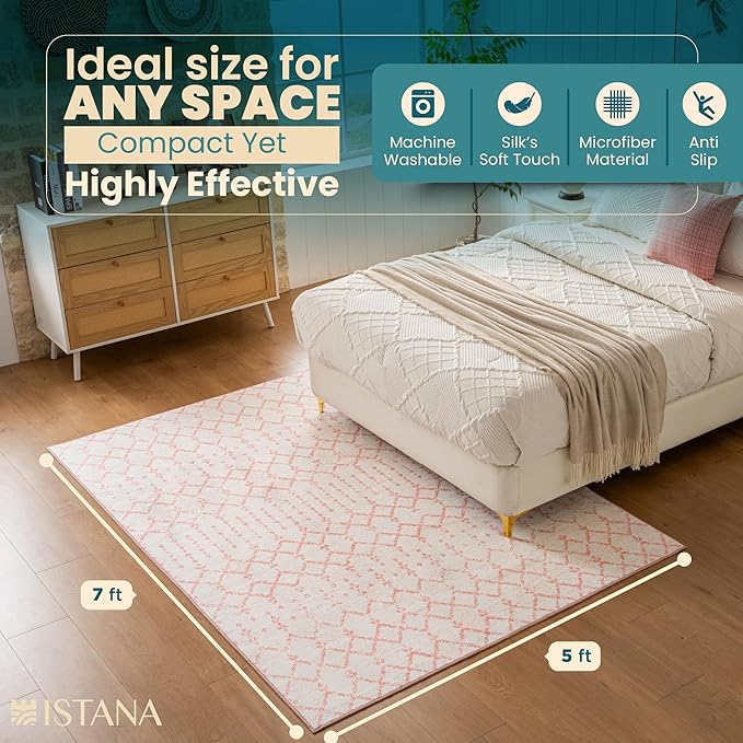 Istana 5x7 Area Rug - Pink Rugs for Living Room 5x7 - Foldable Rugs for Bedroom - Stain Resistant Washable Rug - Eco-Friendly Boho Area Rugs - Easy to Clean Living Room Rug