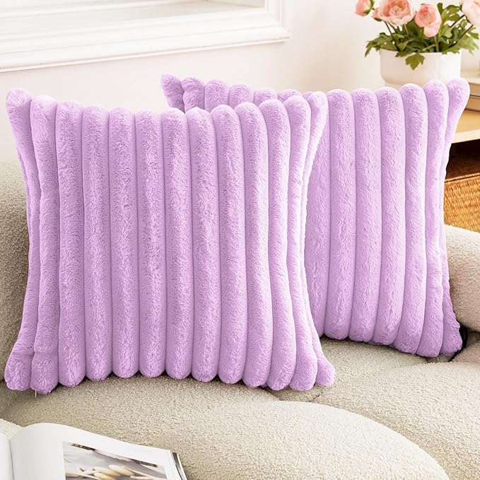 Double-Sided Faux Fur Plush Throw Pillow Covers 20x20 Set of 2 Fuzzy Striped Soft Cozy Pillowcase Luxury Decorative Pillows Square Fluffy Cushion Cover for Couch Bed Living Room,Purple