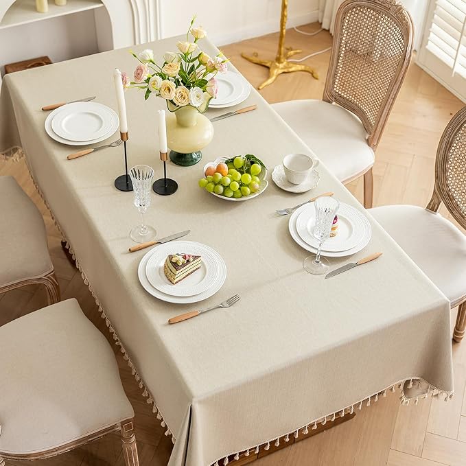 1 Pack Heavy Duty Cotton Tablecloth Soft Wrinkle Resistant Fabric with Decorative Tassles Fringe for Kitchen Dining Table,Warm Beige, 55x55 Inch