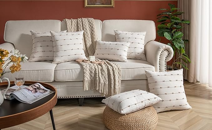 Caflife Boho Throw Pillow Covers 12x20 inches Beige and Natural, Set of 2 Modern Farmhouse Decorative Pillow Covers for Couch Bed, Living Room