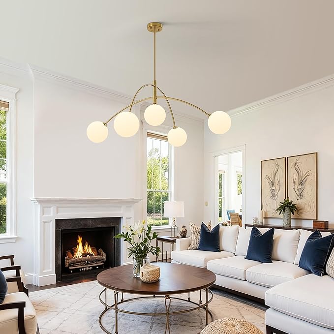 5-Light Gold Sputnik Chandelier for Dining Room Mid Century Modern Light Fixture with Milk Glass Globes, Adjustable Hanging Contemporary Pendant Lighting for Kitchen Bedroom Living Room