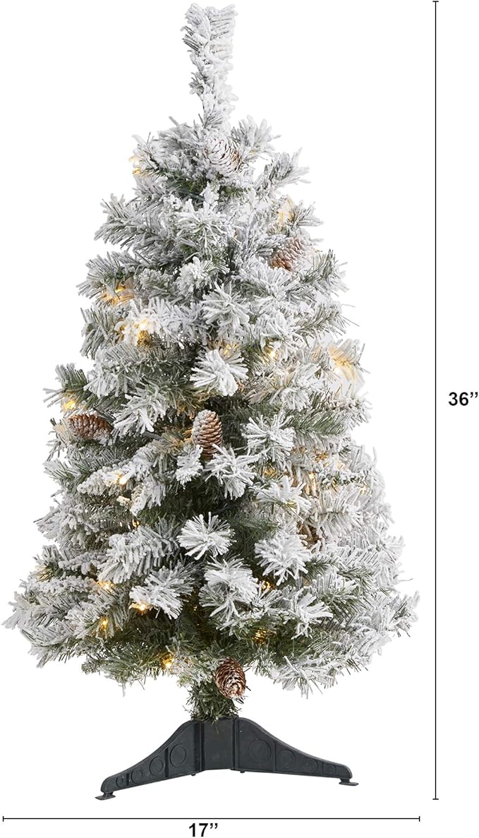 Nearly Natural 3ft. Flocked White River Mountain Pine Artificial Christmas Tree with Pinecones and 50 Clear LED Lights