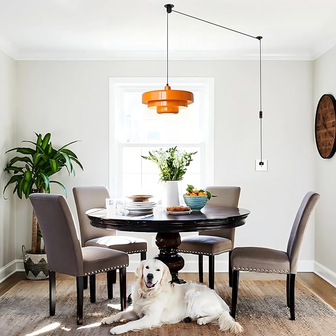 Plug in Pendant Light, Mid Century Orange Hanging Lights with Plug in Cord, 3-Layer Metal Shade, Adjustable Pulley, Dimmable, Vintage Hanging Lamp for Bedroom, Kitchen Island, Dining Room