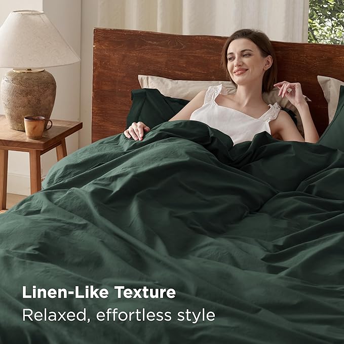 Bedsure 100% Washed Cotton Duvet Cover Queen Size - Forest Green Minimalist Cotton Duvet Cover Linen Like for All Seasons - GentleSoft™ Plain Simple Bedding (Forest Green, Queen, 90"x90")