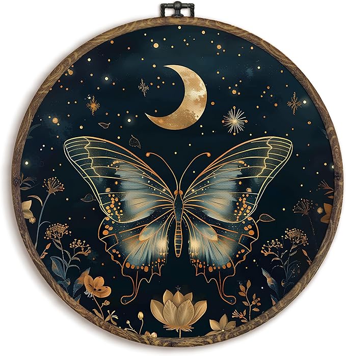 KFXHANGD Gothic Butterfly Moth Round Wall Art Framed, Witchy Butterfly Canvas Wall Art Decor, Mystical Moth Hanging Decor for Bathroom Bedroom Living Room, 10x10inch