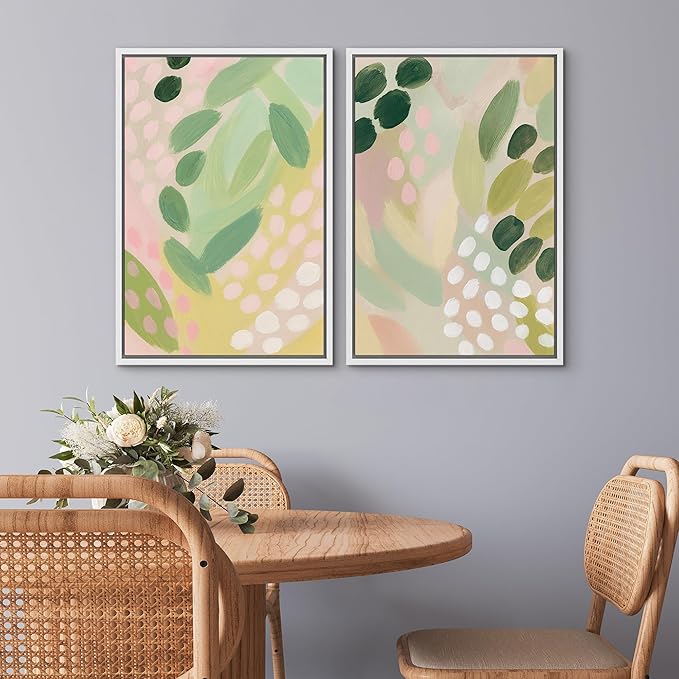 SIGNWIN Framed Canvas Print Wall Art Set Pastel Garden Rhythm Abstract Green and Pink Brushstroke Botanical Zen Bohemian for Living Room, Bedroom, Office - 24"x36"x2 WHITE