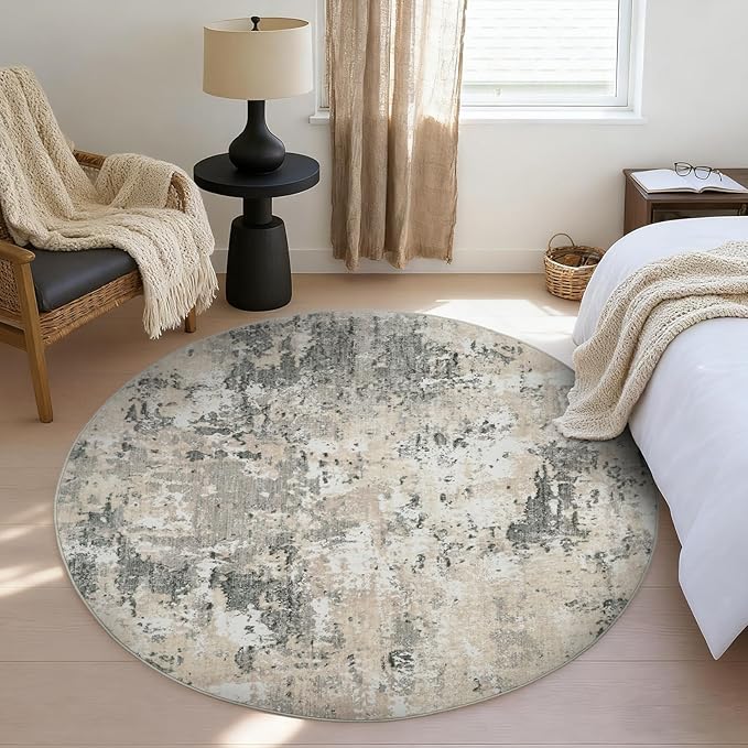 Modern Abstract 8x8 Round Area Rug Non Slip Non Shedding Rug Low Pile Stain Resistant for Bedroom Living Room Office Dining Room,Grey Yellow