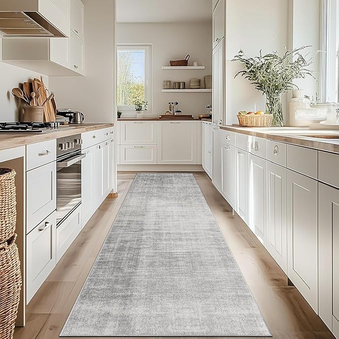 Enkor Runner Rugs for Hallway, 2'7"x10'6" Washable Soft Non Slip Abstract Rugs for Kitchen, Modern Mat for Entryway Living Room Bedroom Light Grey