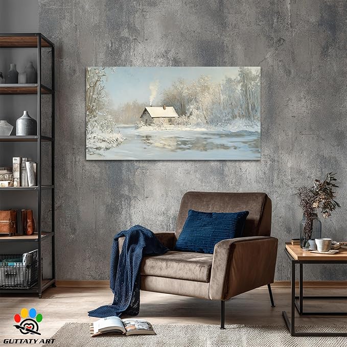 GUTTATY Christmas Winter Scene Canvas Wall Art, Cozy Cabin Snow Landscape Canvas Prints, Tranquil Forest Wall Painting, Serene Winter Pictures Poster for Living Room, Bedroom, Office Decor, 60x30 Inch