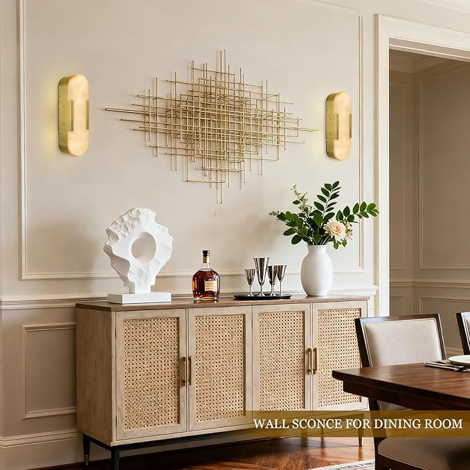 Alabaster Wall Sconce 13.8in Natural Spanish Marble Wall Sconces, Dimmble Gold Modern Bathroom Sconces Vanity Lighting, Antique Brass Sconce Wall Lighting for Living Room, Bedroom, Hallway, Stairs