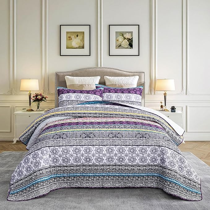 DURLENGEN Bohemian Quilt Set Queen Size 3Pcs, Purple & Teal & Yellow Stripes Design, All Season Lightweight Coverlet Sets (Queen 90x96, Purple)