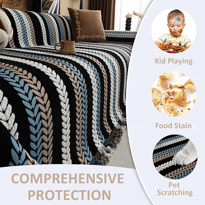 VClife Couch Cover for Sofa, Chenille Sofa Cover for Dog Modern Stripe Couch Cover for 3 Cushion Couch Sofa, Non Slip Furniture Protector Pet Couch Slipcover with Tassel, Black, 71''x150''