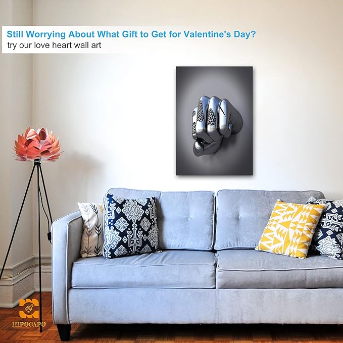 3D Metal Effect Wall Art - Abstract 3D Canvas Wall Art, 3D Modern Wall Art for Office, Silver Boxer Gesture3D Art Wall Decor for Modern Bedroom Decor Framed 28”x40”x1Pcs