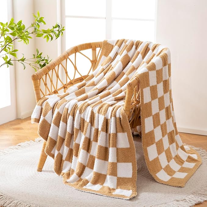 YIRUIO Throw Blankets Checkered Queen,King Size Big Fluffy Fuzzy Warmer Comfort Reversible Super Soft Cozy Decor for Home Bed Couch Sofa Room (Burnt Orange, 80''x90'')