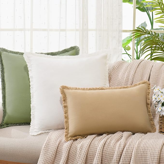 ZWJD Pillow Covers 20x20 Set of 2 Cream Throw Pillow Covers with Fringe Chic Cotton Decorative Pillows Square Cushion Covers for Sofa Couch Bed Living Room Farmhouse Boho Decor