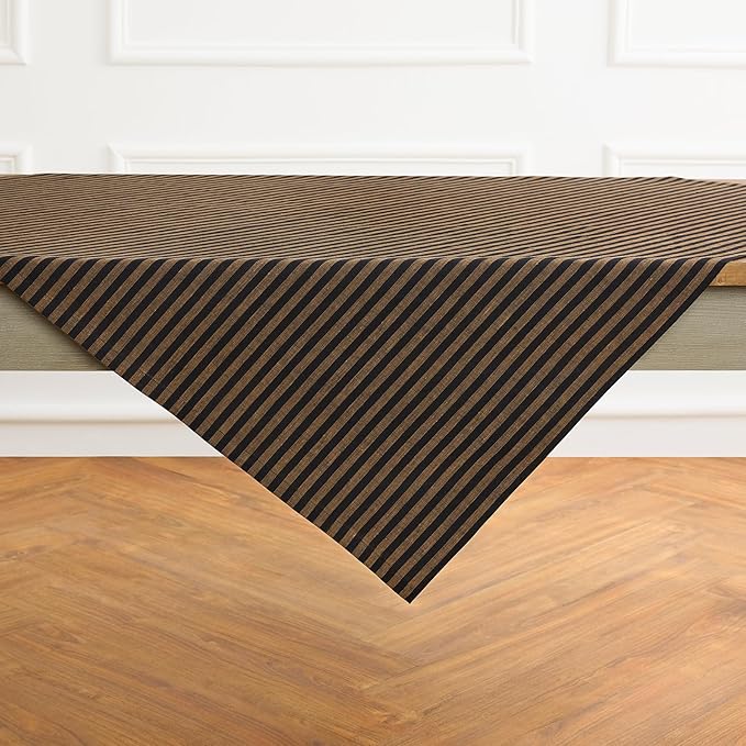Solino Home Square Tablecloth 52 x 52 Inch - Amalfi Stripe, 100% Pure Linen Brown Sugar and Black Table Throw - Machine Washable Tablecloth for Fall, Autumn, Thanksgiving