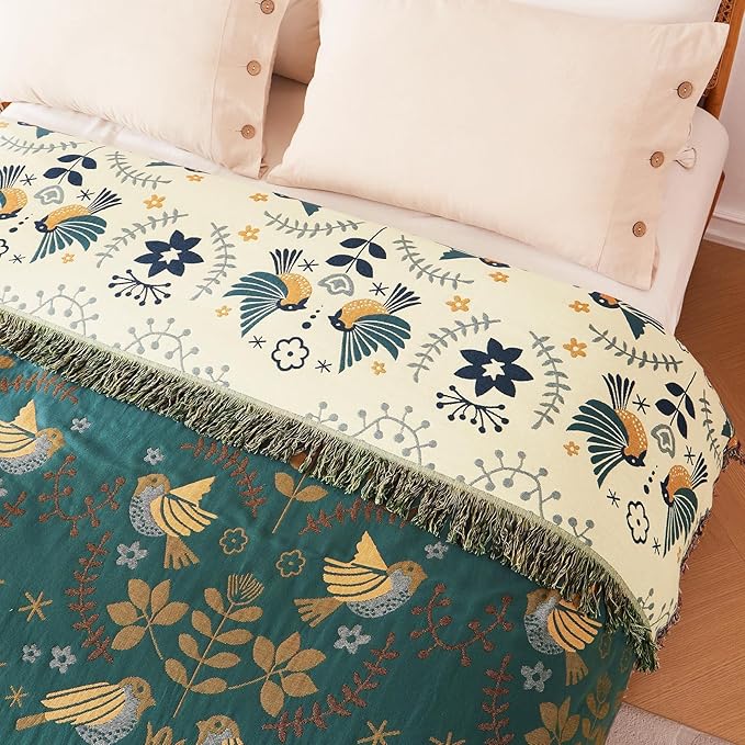 Boho Throw Blanket for Bed 100% Cotton Ultra Soft Rustic Quilt Fall Blanket Bird Floral Printed Farmhouse Decor Large Bed Blankets,60"×80" All Season Rustic Throw for Sofa Couch Chair