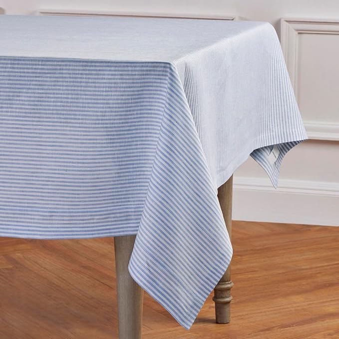 Solino Home Linen Tablecloth 60 x 120 Inch - Narrow Stripe 100% Pure Linen Cornflower Blue and White Table Cloth for Rectangle Tables - Machine Washable Tablecloth