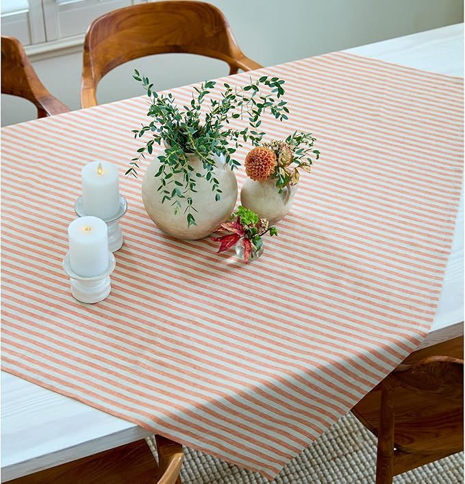 Solino Home Square Tablecloth 52 x 52 Inch - Amalfi Stripe, 100% Pure Linen Pumpkin and Natural Table Throw - Machine Washable Tablecloth for Fall, Autumn, Thanksgiving