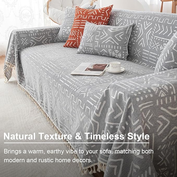 VClife Boho Couch Cover for 3 Cushion Couch Sofa Durable Soft Chenille Sofa Slipcover for Sectional Sofa, 1 PC Multi-Functional Sofa Covers Protector, Gray and White Furniture Protector 71" x 134"