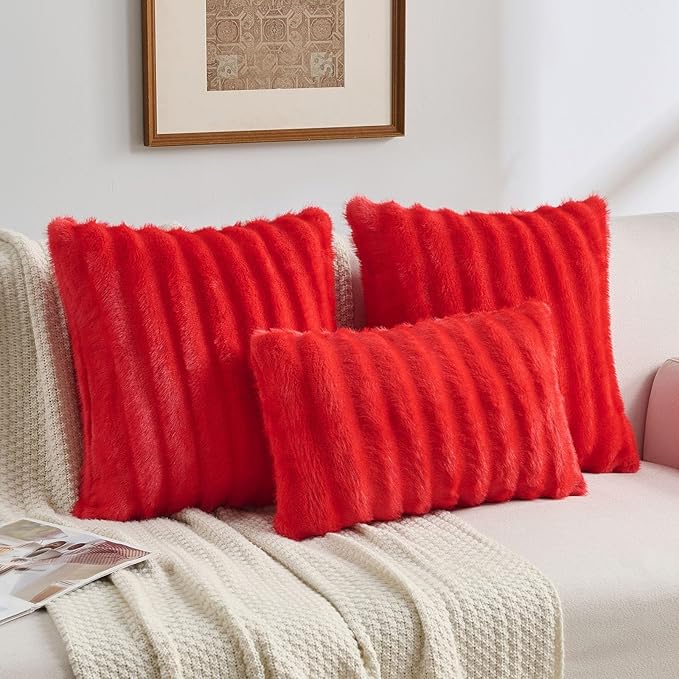 FUTEI Christmas Red Decorative Throw Pillow Covers 26x26 Inch Set of 2,Soft Fluffy Faux Rabbit Fur Dyeing Striped Textured Euro Pillow Shams,Modern Home Decor for Couch Bed Living Room