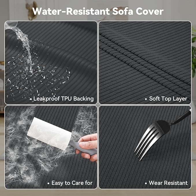 Waterproof Couch Cover 3-Piece Set Striped Sofa Slipcovers for 2 Separate T Cushion Couch - TPU Fabric Sofa Covers Leakproof Couch Protector for Kids, Pets(2 Cushion Sofa, Dark Gray)