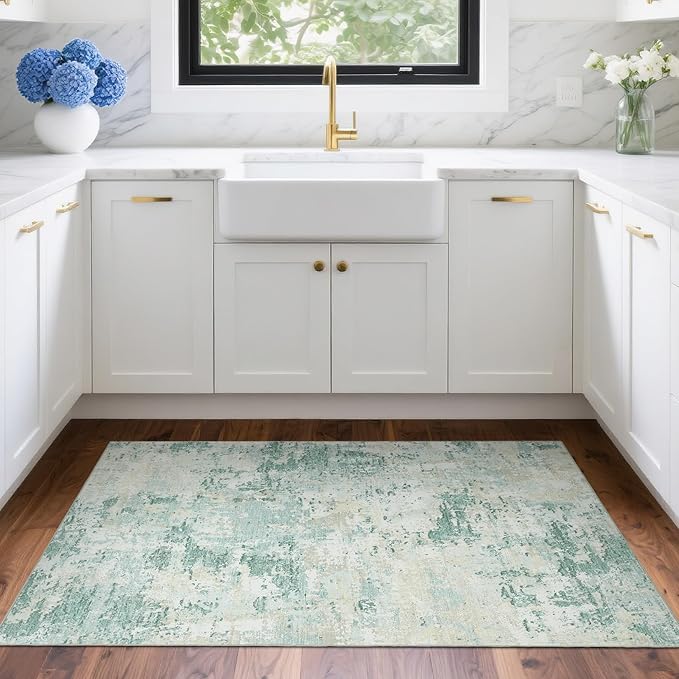 Modern Abstract 2x3 Area Rug Non Slip Non Shedding Low Pile Stain Resistant Rug for Entryway Kitchen Bedroom,Green
