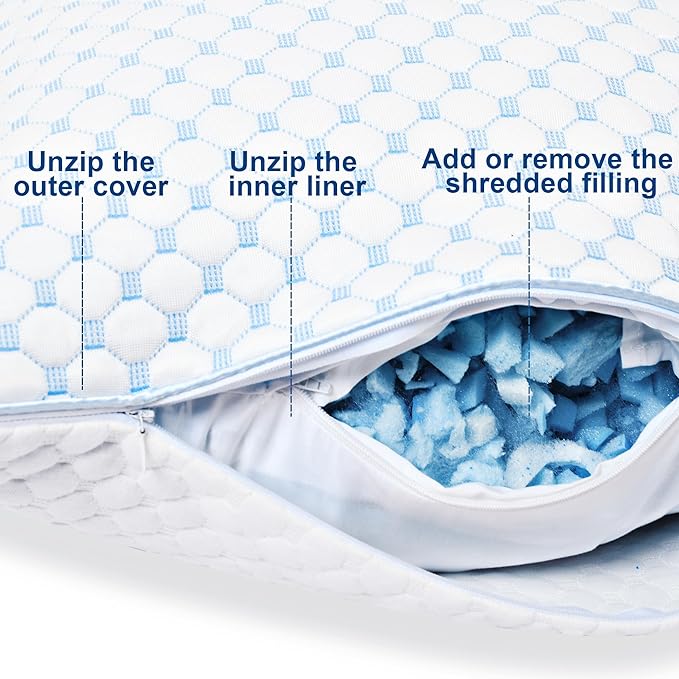 XWZO Cooling Pillow for Sleeping Queen Size Set of 1, Shredded Memory Foam Pillows Adjustable Gel Bed Pillows for Side Back Stomach Sleepers with Washable Removable Cover