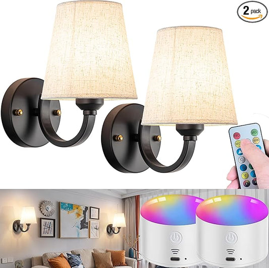 Battery Operated Wall Sconces Set of Two, Indoor Wireless Wall Mounted Lamp with 10000mAh Dimmable Bulb and Remote, RGB Colors Rechargeable Wall Light for Bedroom Living Room Decor