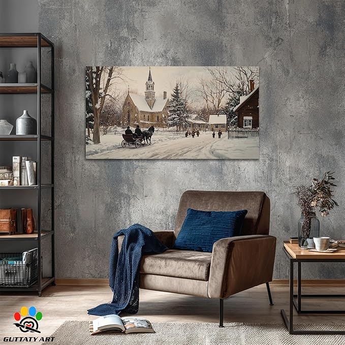 GUTTATY Winter Christmas Canvas Wall Art, Snow Village Scene Canvas Prints, Classic Church Horse Sleigh Wall Painting, Country Winter Pictures Decor for Living Room, Farmhouse, Entryway, 60x30 Inch