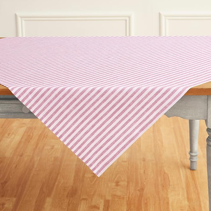 Solino Home Linen Striped Tablecloth 52 x 52 Inch - 100% Pure Linen Cherry Blossom and White Square Table Throw - Amalfi Stripe, Machine Washable Tablecloth