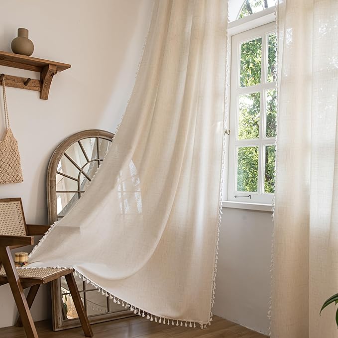Sutuo Home Boho Curtains 96 Inches Long, Bohemian Linen Style Textured Curtains with Tassels for Bedroom, Semi Blackout Farmhouse Drapes, Rod Pocket Window Treatments 2 Panels, 52" x 96", Ivory