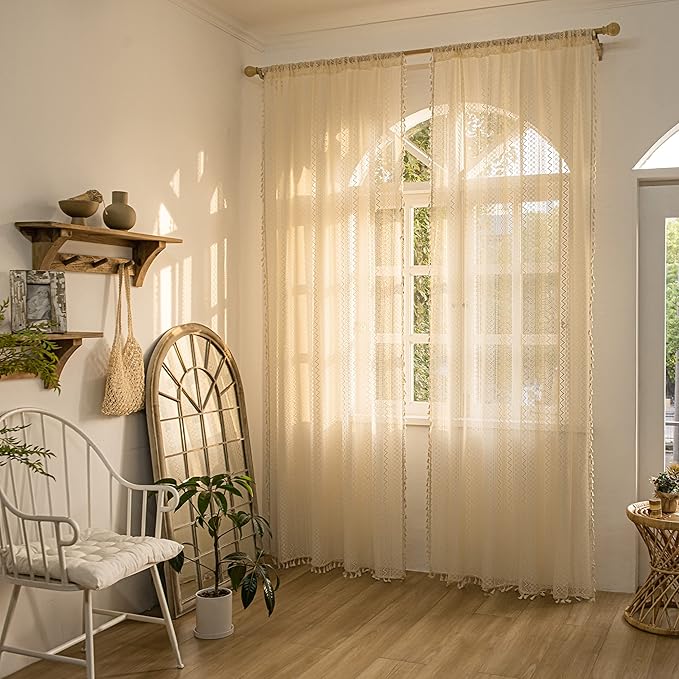 Sutuo Home Boho Curtains 84 Inches Length for Bedroom, Window Treatments Bohemian Sheer Crochet Lace Vintage Drapes Pair, Beige Wave Knitted with Handmade Tassels Rod Pocket, 52" x 84"，2 Panels