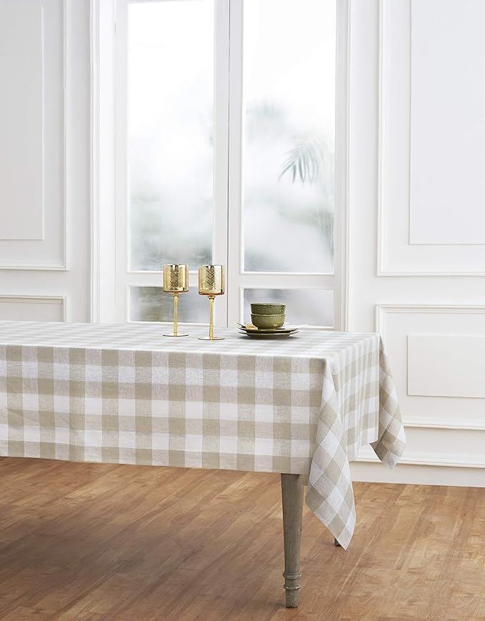 Solino Home Linen Checkered Tablecloth 60 x 132 Inch - 100% Pure Linen Buffalo Plaid Natural and White Table Cloth for Rectangular Tables - Machine Washable Tablecloth for Fall, Autumn, Thanksgiving